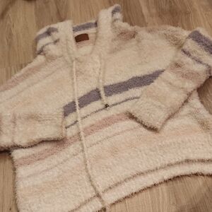 POL Cream Fuzzy Hoodie with Lavender and Blush Stripes